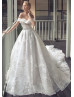 Off Shoulder Ivory Lace Feather Wedding Dress